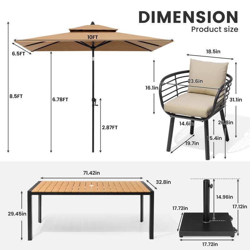 9/11-Piece Outdoor Dining Set w/10 ft Umbrella and Base Aluminum Dining Table and Chairs with Sunbrella Cushions