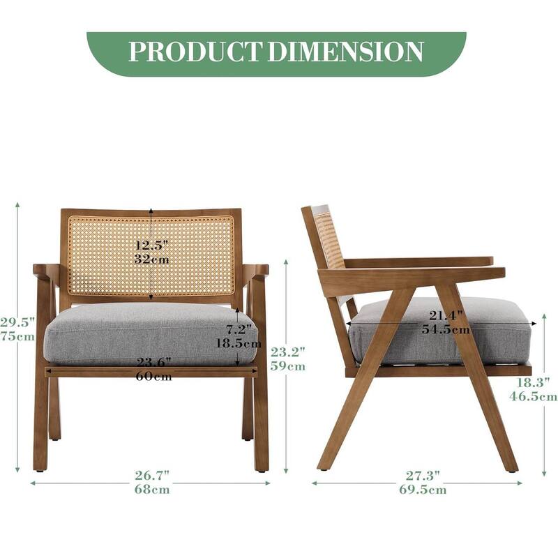 Mid-Century Farmhouse Accent Chair with Rattan Backrest for Living Room, Bedroom