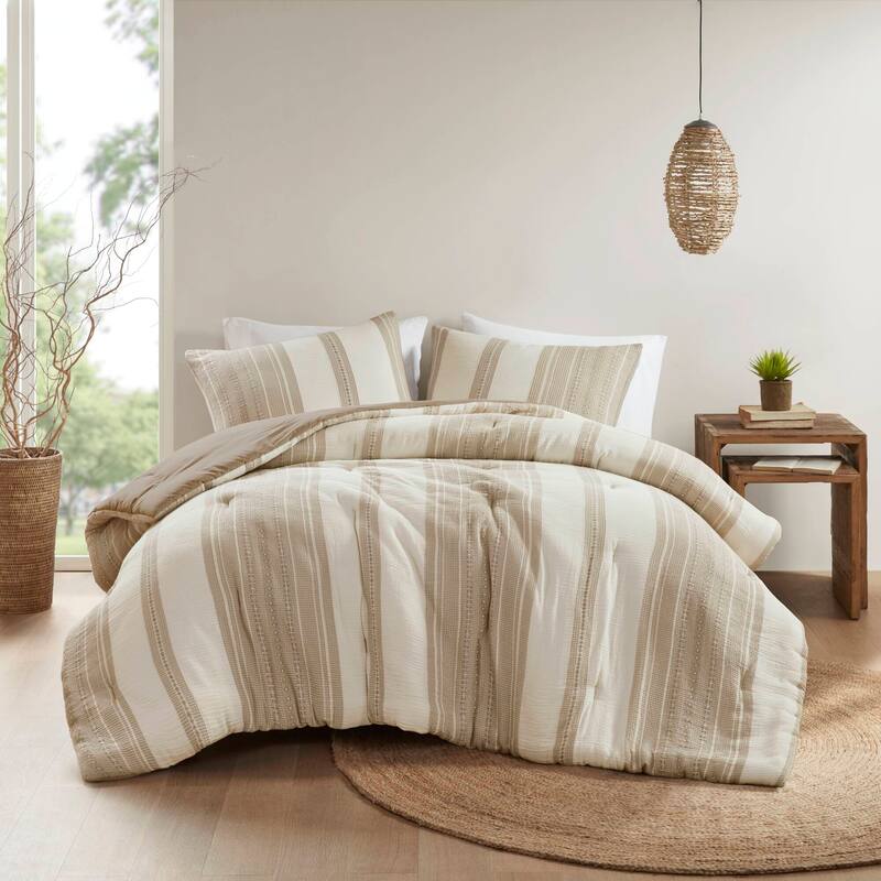 GDF Studio - Amara Textured Cotton Comforter 3-Piece Set with Waffle and Gauze Weave - Tan (King/Cal King)