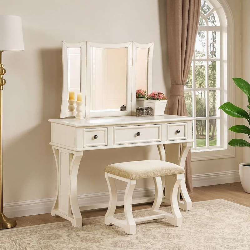 Modish Vanity Set Featuring Stool And Mirror White