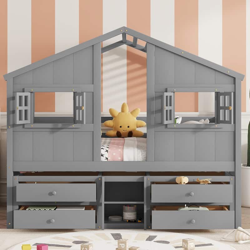 Wood Full Size House Loft Bed with Roof, Windows,4 Storage Drawers - Grey