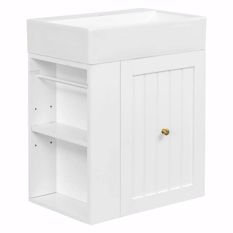 20-Inch Bathroom Vanity with Ceramic Sink - MDF Storage Cabinet with Drawer, Side Shelf and Silver Handle