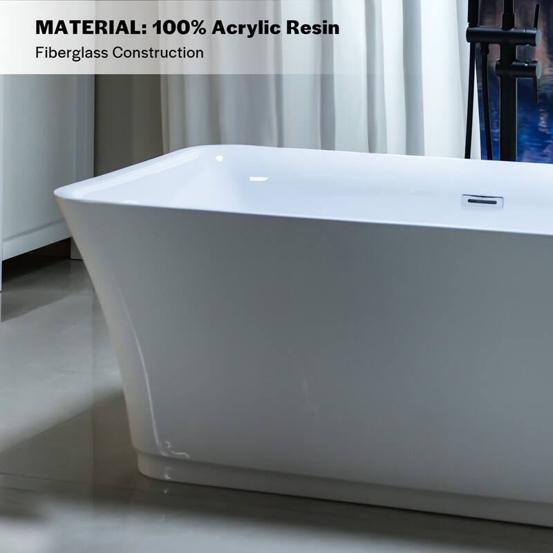 59" x 30" Freestanding Rectangular Soaking Acrylic Bathtub in White with Polished Chrome Overflow and Drain