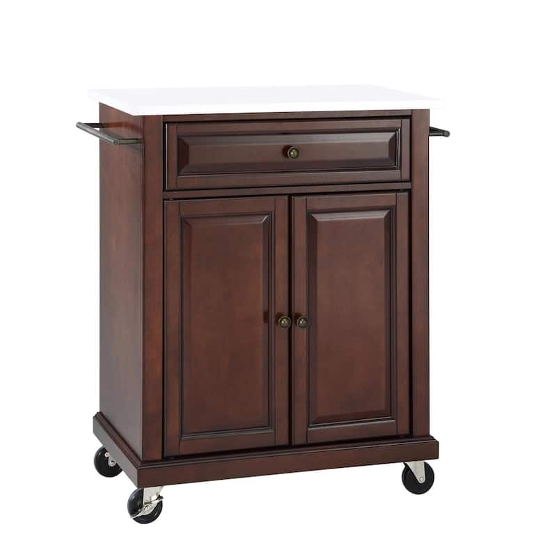 Compact Stone Top Kitchen Cart in Mahogany and White with Adjustable Shelf, Storage Drawer, and Towel Bars