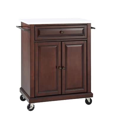 Compact Stone Top Kitchen Cart in Mahogany and White with Adjustable Shelf, Storage Drawer, and Towel Bars