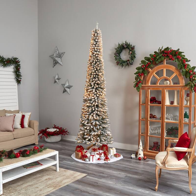 10ft. Flocked Pencil Artificial Christmas Tree with 700 Clear Lights & 1145 Branches - Sleek Snowy Holiday X-Mas Tree