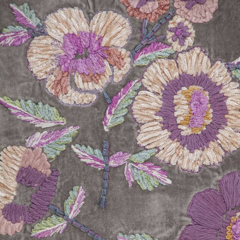 18" Beige and Pink Floral Embroidered Square Throw Pillow