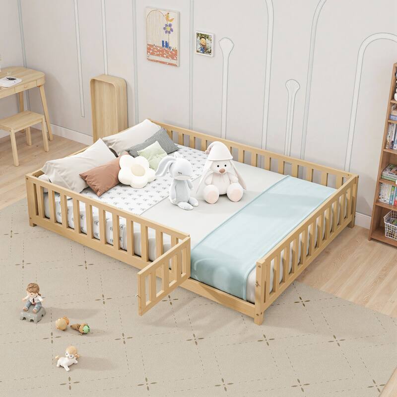 Full Size Floor Platform Bed with Fence and Door for Kids, Wooden Montessori Floor Bed Frame - Natural - Full