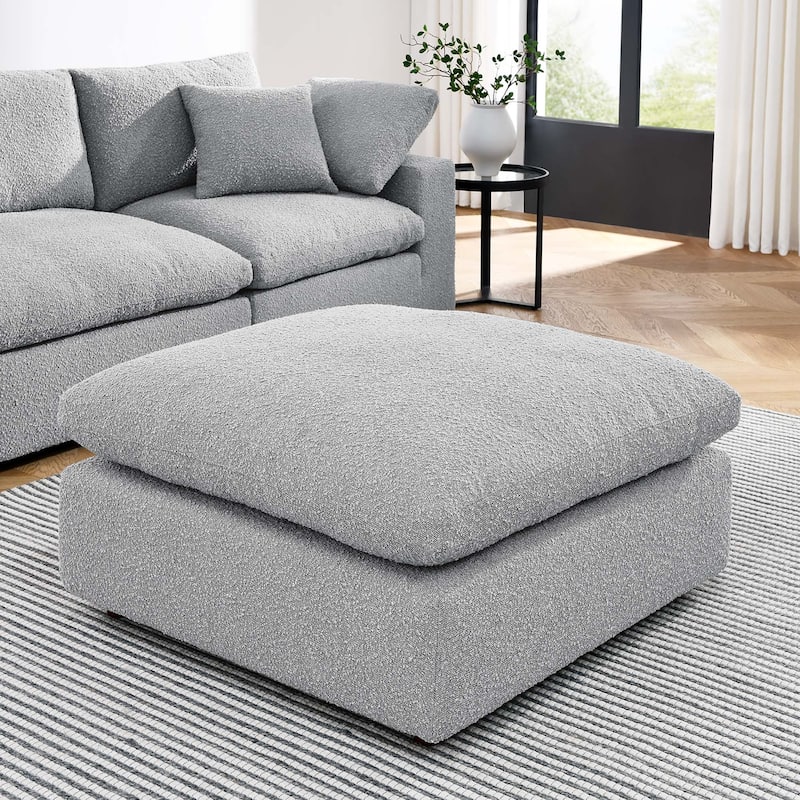Commix Down Filled Overstuffed Boucle Fabric Ottoman - Light Gray