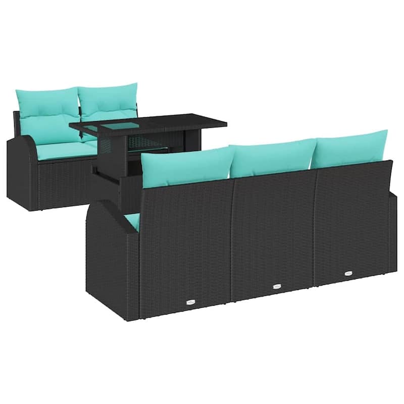 vidaXL 6 Garden Sofa Set with Cushions Black/Brown/Grey Poly Rattan - 70.5 x 24.4 x 27.2