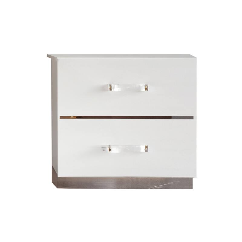 Ruo 25" Inch Modern Nightstand, 2 Drawers, Chrome Plinth Base, White Wood