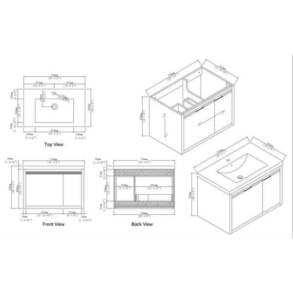 dimension image slide 5 of 13, Beingnext 24"/30"/48" Bathroom Vanity with Sink, Floating Bathroom Vanity With Soft Close Door