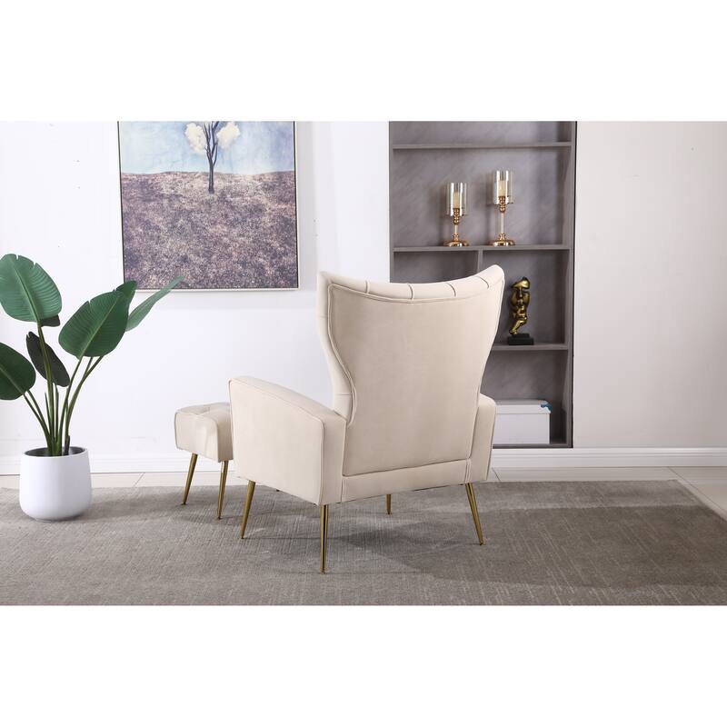 Beige Modern 31.5" Velvet Upholstered Buttons Tufted Arm Chair with Ottoman and Iron Legs