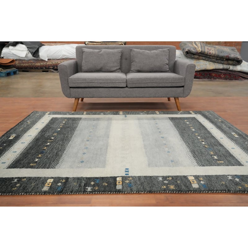 Hand Knotted Oriental 100% Wool Carpet Tribal Geometric Greys & Charcoal Gabbeh Area Rug - 7' 6'' X 5' 5''