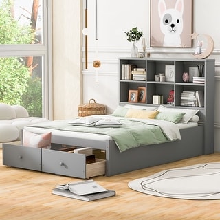 Full Size Bed Frame with Built-in USB & Type C Charging Station Headboard, Solid Wood Platform Bedframe with 2 Storage Drawers