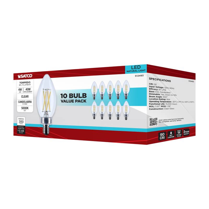 4 Watt B11 LED Candelabra Base Clear 5000K CCT 120 Volt 10-pk