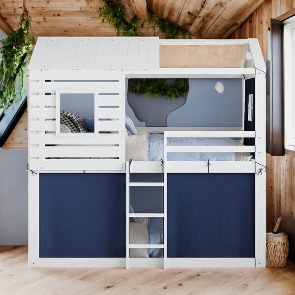 slide 2 of 19, Twin over Twin Size House Bunk Bed With Tent And Under Bed Space for Bedroom Blue+White