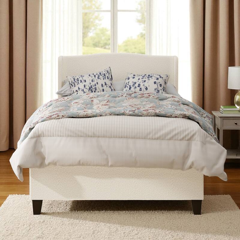 Twin/Queen/King Platform Bed, 49.21 in Upholstered Headboard, Teddy Velvet, 12-Slat Support, Solid Wood Legs, White