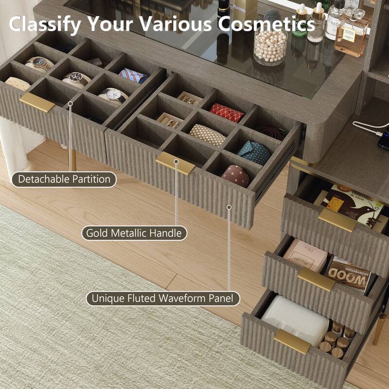 Modern Fluted Makeup Vanity Desk with Lighted Mirror, Dressing Table