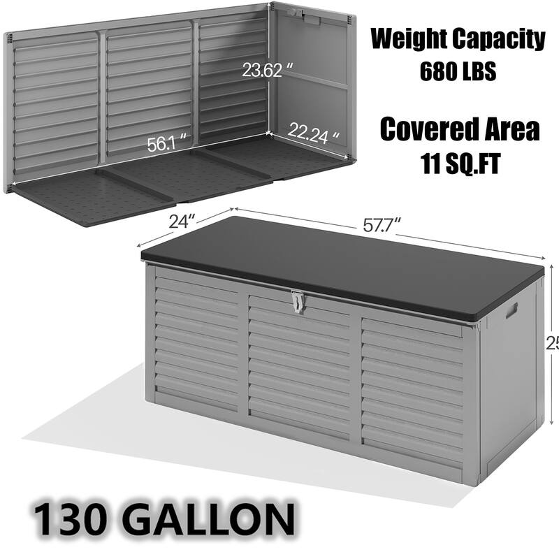 130 Gal. Upgraded Resin Deck Box, Outdoor Storage Box Waterproof with Hydraulic Rod and Side Handle, Lockable