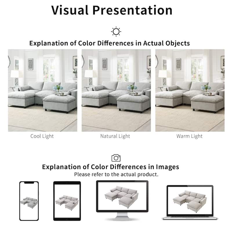 86.5" Chenille Modular Sectional Sofa 5-Seat U-Shaped Couch with 2 Ottomans Storage Pockets and Pillows for Living Room