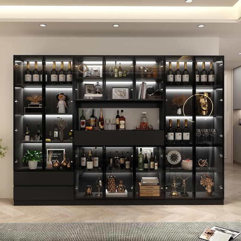 Tall Modular Display Storage Cabinet Bookcase w/Light Home Office - 110.2"-Black