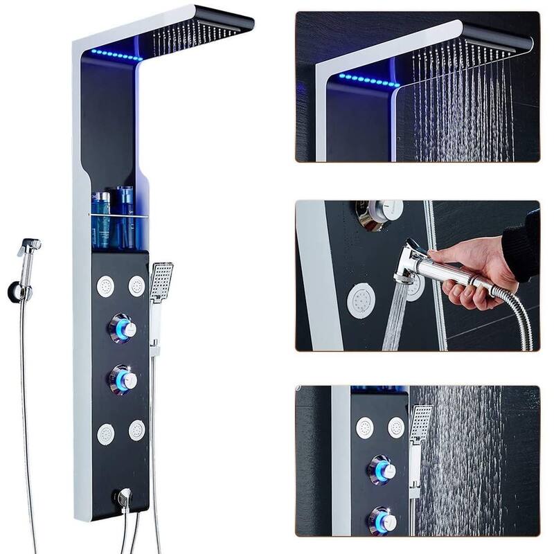 55 in. LED Shower Panel System and Bidet Sprayer in Black and Silver