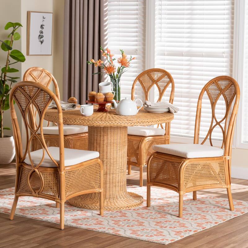 Wallis 5-Piece Natural Rattan Dining Set with Round Pedestal Table and 4 Chairs, Handwoven Wicker Dining with Cushioned Seats