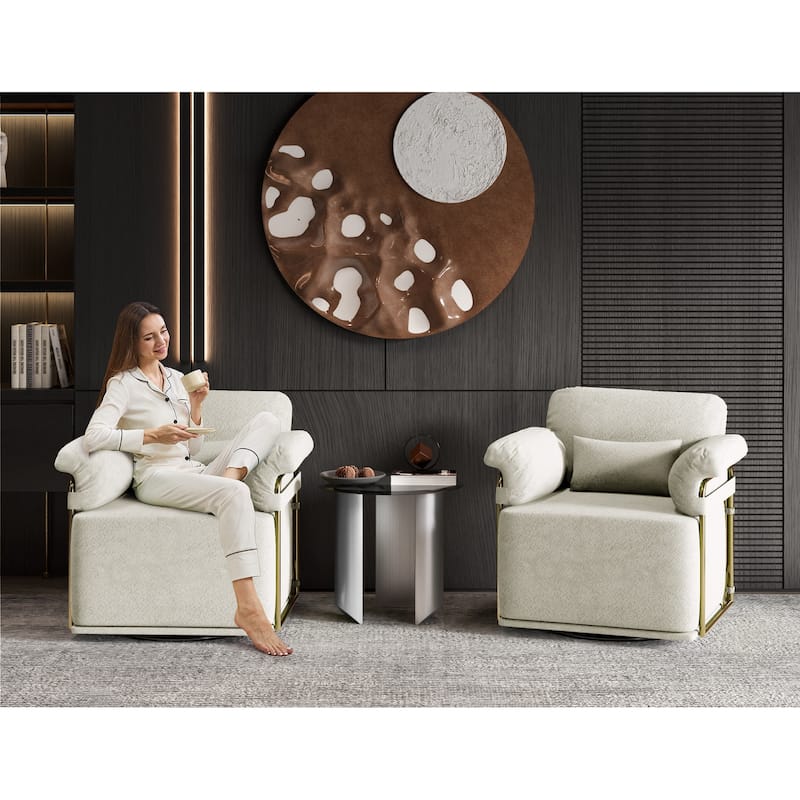 360° Swivel Accent Sofa Chair Fluffy Fabric Gold Legs Beige for Living Room