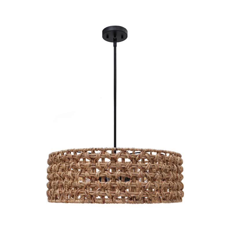 5-Light Rattan Drum Chandelier Coastal Island Pendant Light for Dining Room - 26" W x 9.8" H