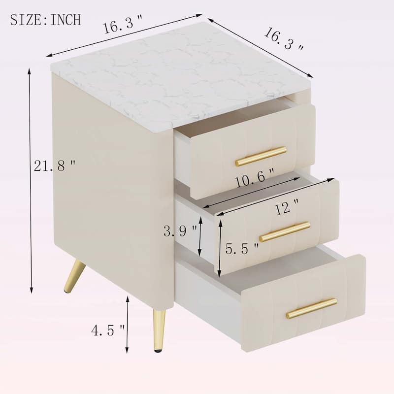 Modern Nightstand with 3 Drawers and Metal Legs&Handles,with Marbling Stickers Worktop