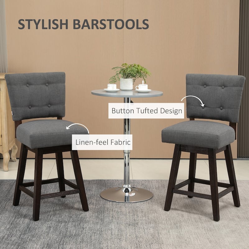 HOMCOM Swivel Bar Stools Set of 2, Fabric Tufted Counter Height Bar Stools with Rubber Wood Legs and Footrest for Dining Room
