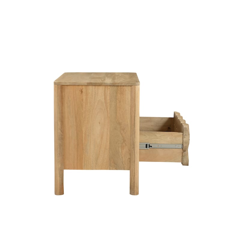 NADAAL STUDIOS Talric Nightstand, Geometric Carved Mango Wood, 2-Drawer, Push-to-Open, Natural Finish