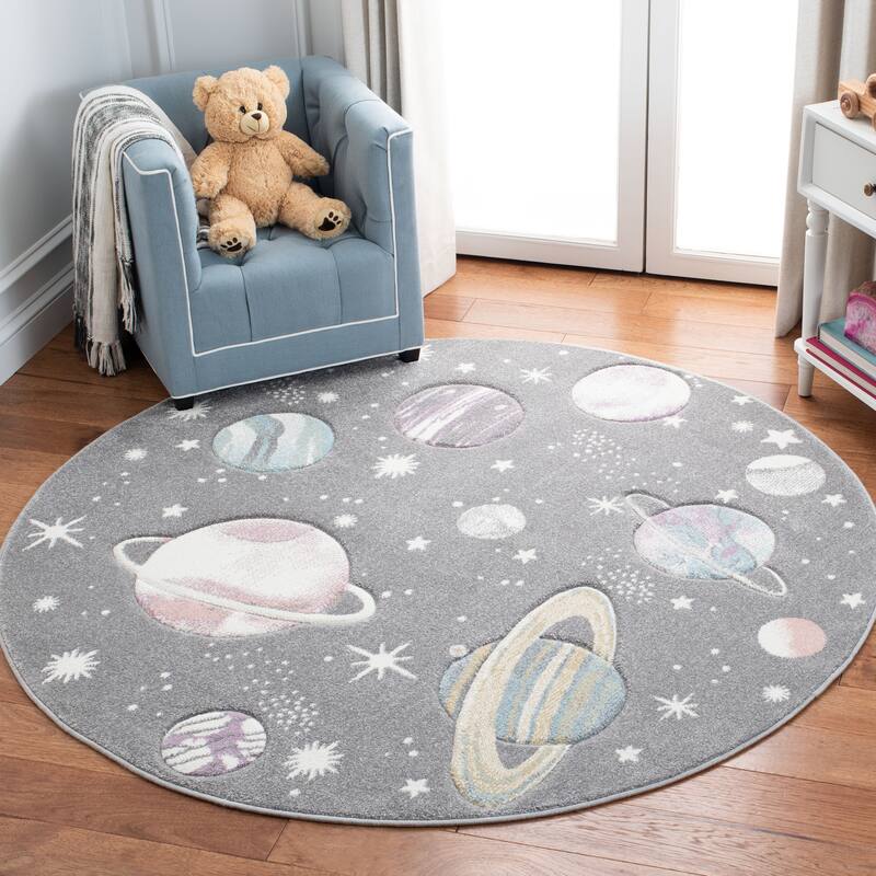 SAFAVIEH Carousel Kids Selvinaz Solar System Rug - 3' Round - Grey/Lavender