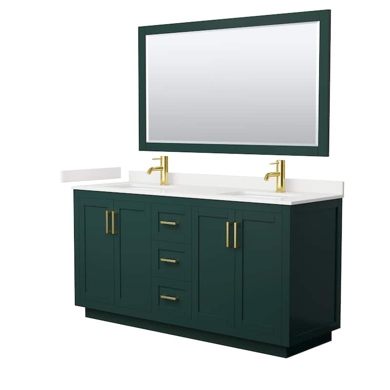 Miranda 66-inch Double Vanity, Quartz Top, 58-inch Mirror - Green, Gold Trim, White Quartz Top