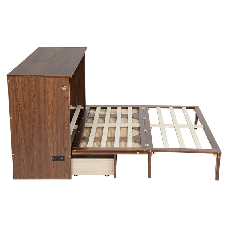 Folding Murphy Bed Pine Wood Cabinet Bed Queen Size Cube Cabinet Bed with Power Station, Drawer and Rattan Decoration Panel