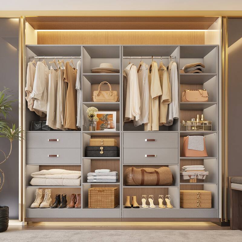 40'' Large Closet System with 10 Shelves and 2 Drawers, Freestanding Closet Organizer with Hanging Rods - 2pcs - Grey