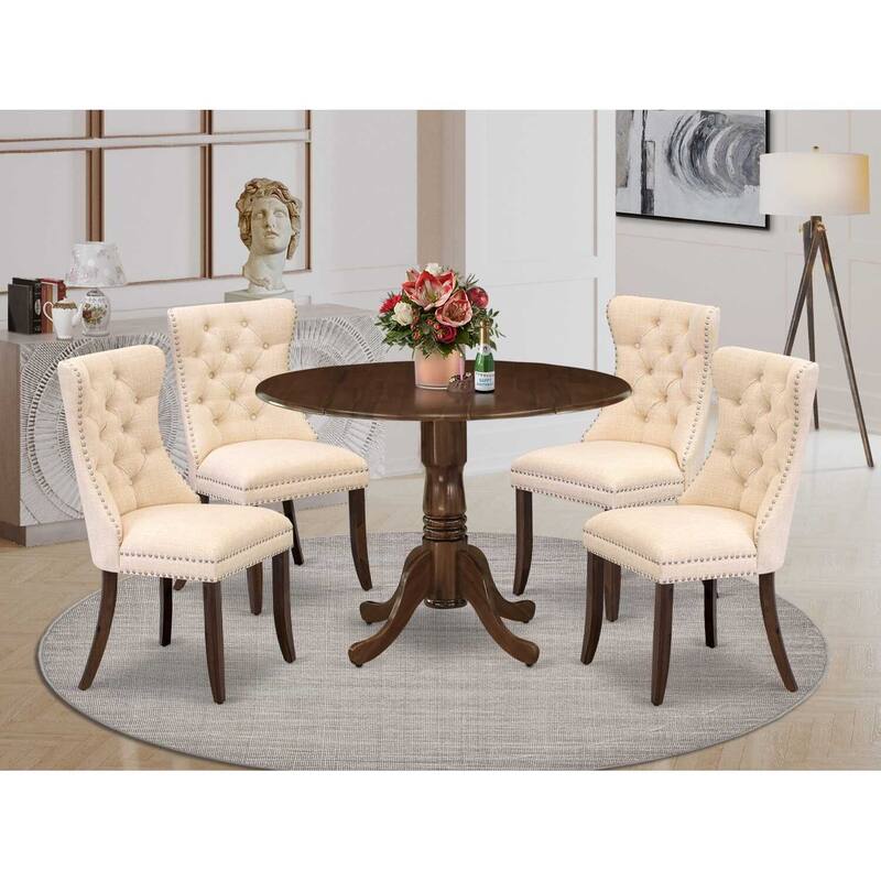 5 Piece Dining Set - Round Table with Dropleaf & 4 Padded Chairs - Kitchen Table Set
