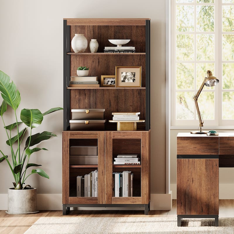Modern 72" Tall Bookcase with Glass Doors and Adjustable Shelves for Home Office, Living room.