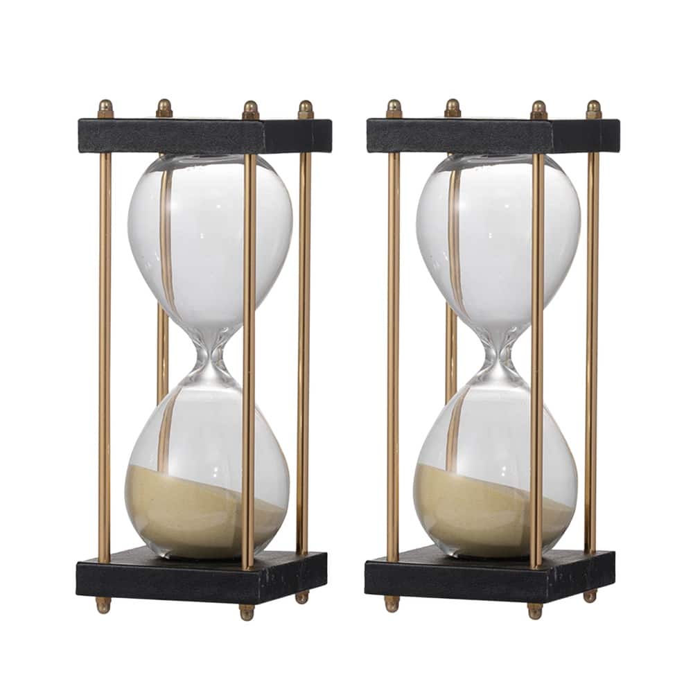 Set of 2, 3x3x7" Spellman 15-minute Hourglass, framed with an Metal stand, Tan