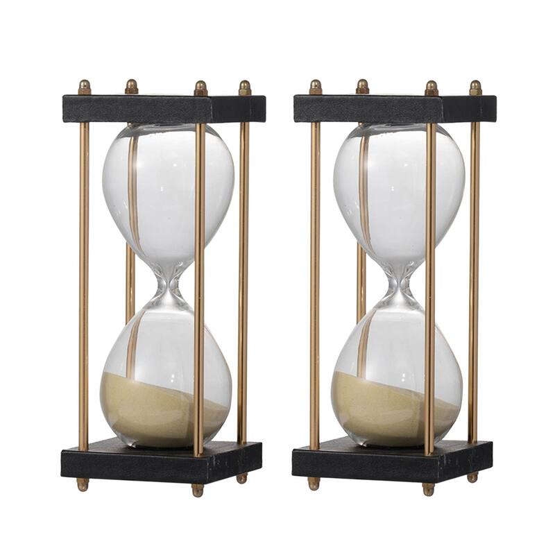 Set of 2, 3x3x7" Spellman 15-minute Hourglass, framed with an Metal stand, Tan