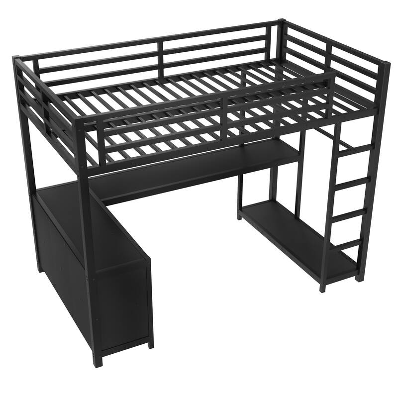 Twin/Twin XL Metal Loft Bed with Wardrobe & L-Shaped Desk - Loft Bed with Storage Cubes & Shelves for Teens, Adults