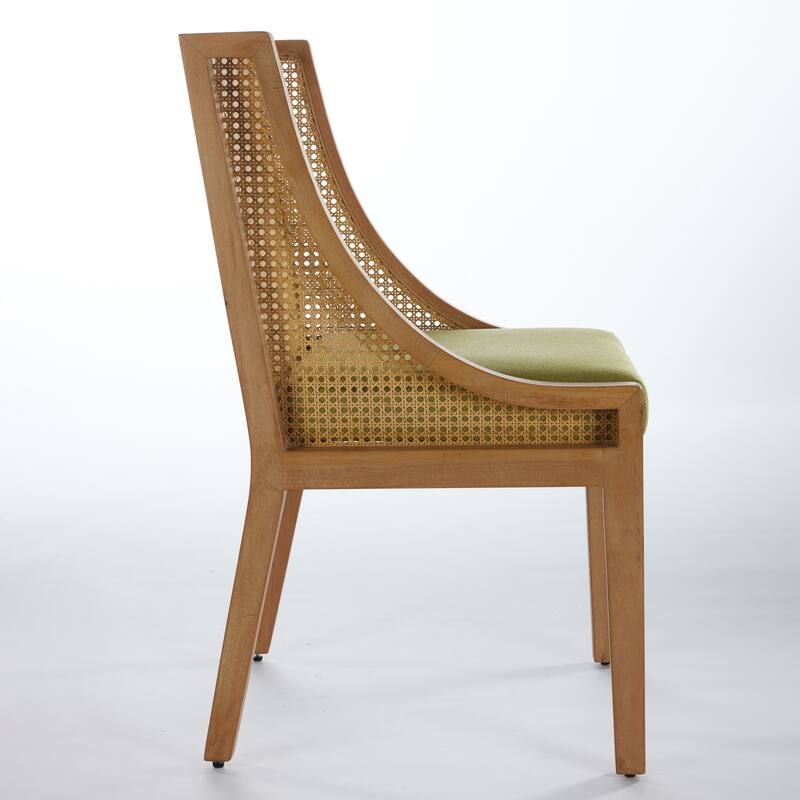 Rattan Dining Chairs, Solid Wood Frame with Decorative Armrests, Linen Upholstered Seat, Wooden Style Side Chairs,Single Pack