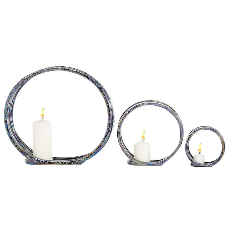Silver Ceramic Pillar 3 Plate Candle Holder (Set of 3) - 14 x 5 x 13Round