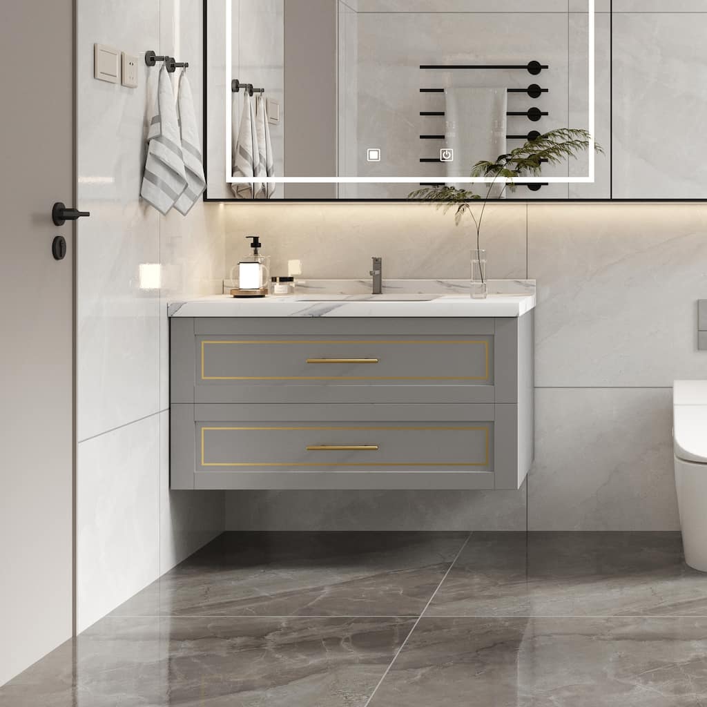 39'' Single Bathroom Vanity with Marble Top Ceramic Basin Sink