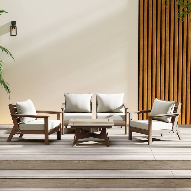 Birchwood All Weather HDPE Outdoor Patio Weathered Wood Deep Seating Conversation Set (5-Piece Set)