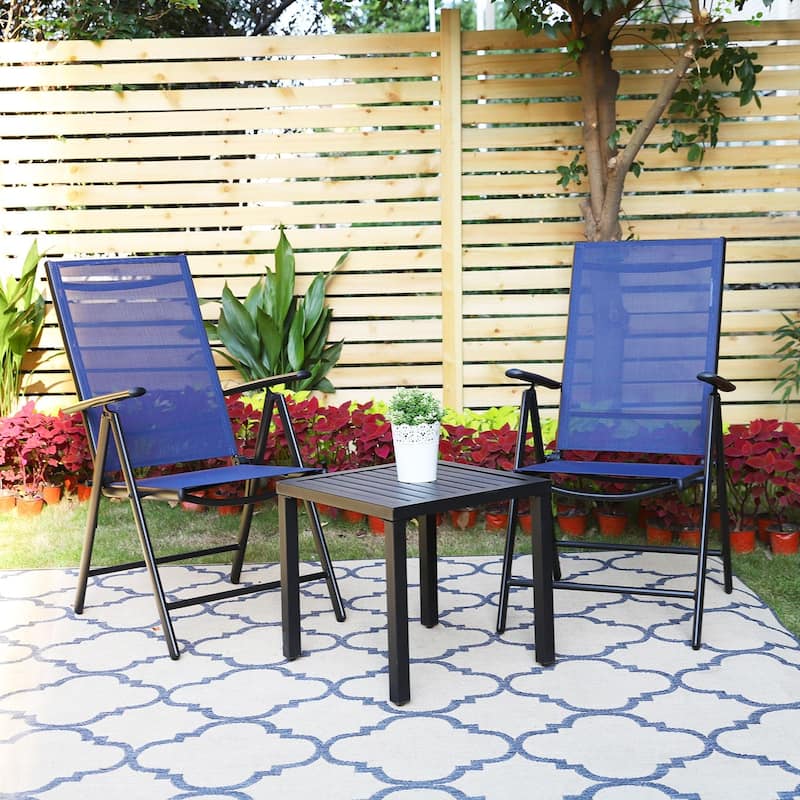 3-Piece Metal Patio Bistro Set, 1 Square Table and 2 Folding Sling Chairs