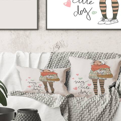 Designart 'Cute Girl With Dog' Shabby Chic Printed Throw Pillow