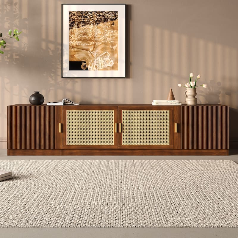 78" Retro TV Stand with Rattan Doors for TVs Up to 85", Wood TV Console, Living Room Media Console with Adjustable Shelves
