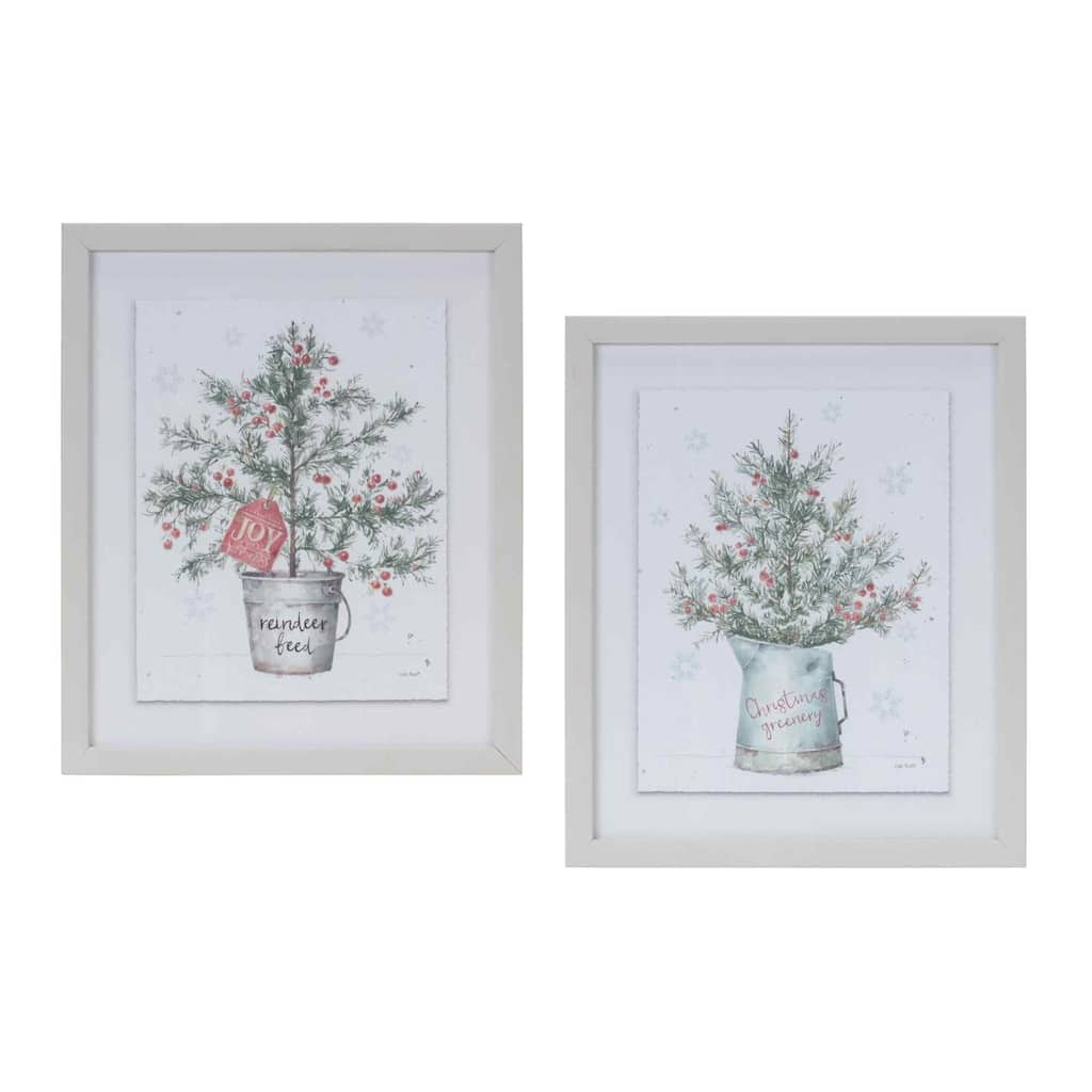 2 White & Green Potted Pine Tree Framed Christmas Wall Art, 10"x11.75"